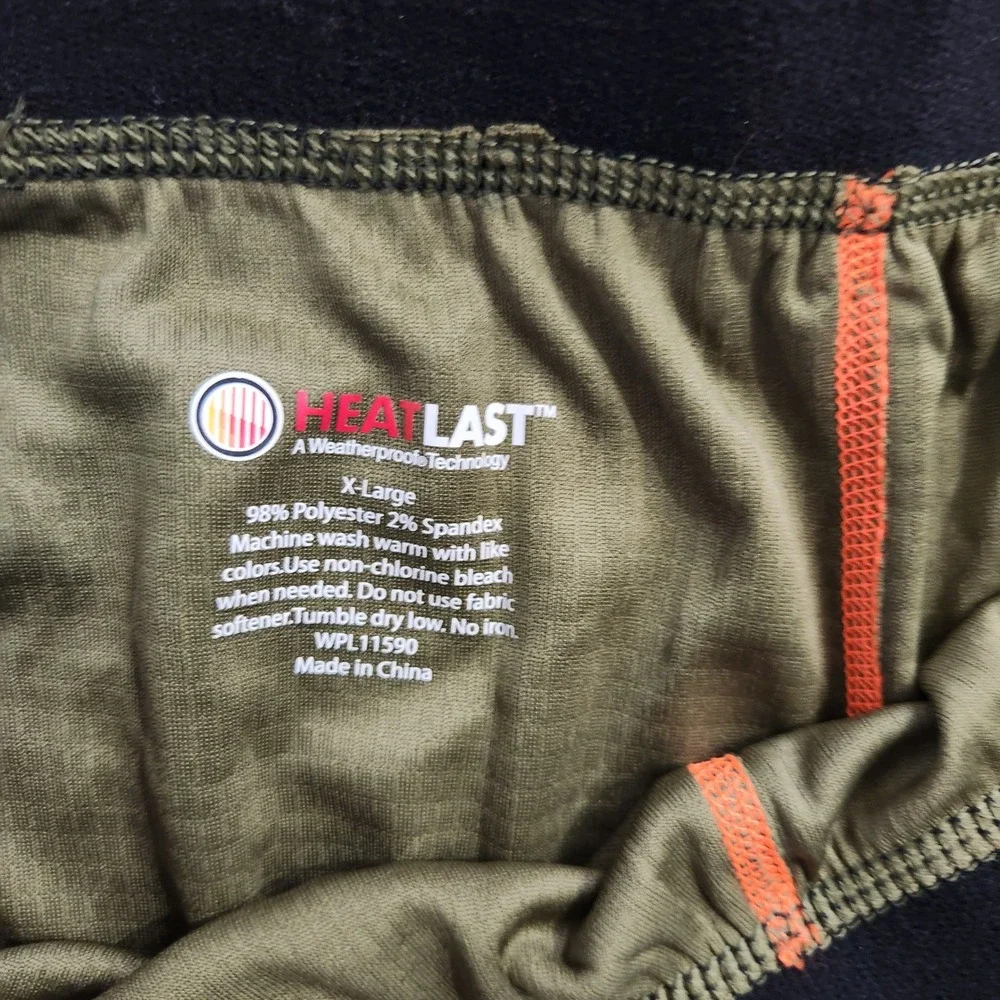 HeatLast Weatherproof Mens XL Thermal Base Layer Pants Olive Green Orange Stitch